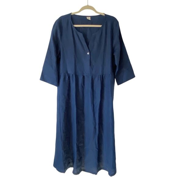 Lintico Linen Luna Dress Button Top Gathered Waist Navy Blue size XL - Picture 2 of 11